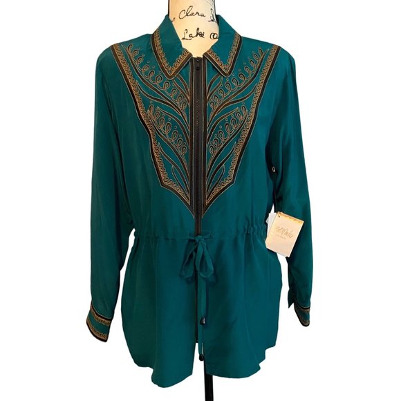 Bob Mackie Wearable Art Silk Jacket Top Tunic Sz Medium Drawstring Zip New Tags - Picture 1 of 13